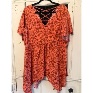 Torrid Floral Sharkbite Babydoll Tunic Top Coral Orange Strappy Back Size 1 1X